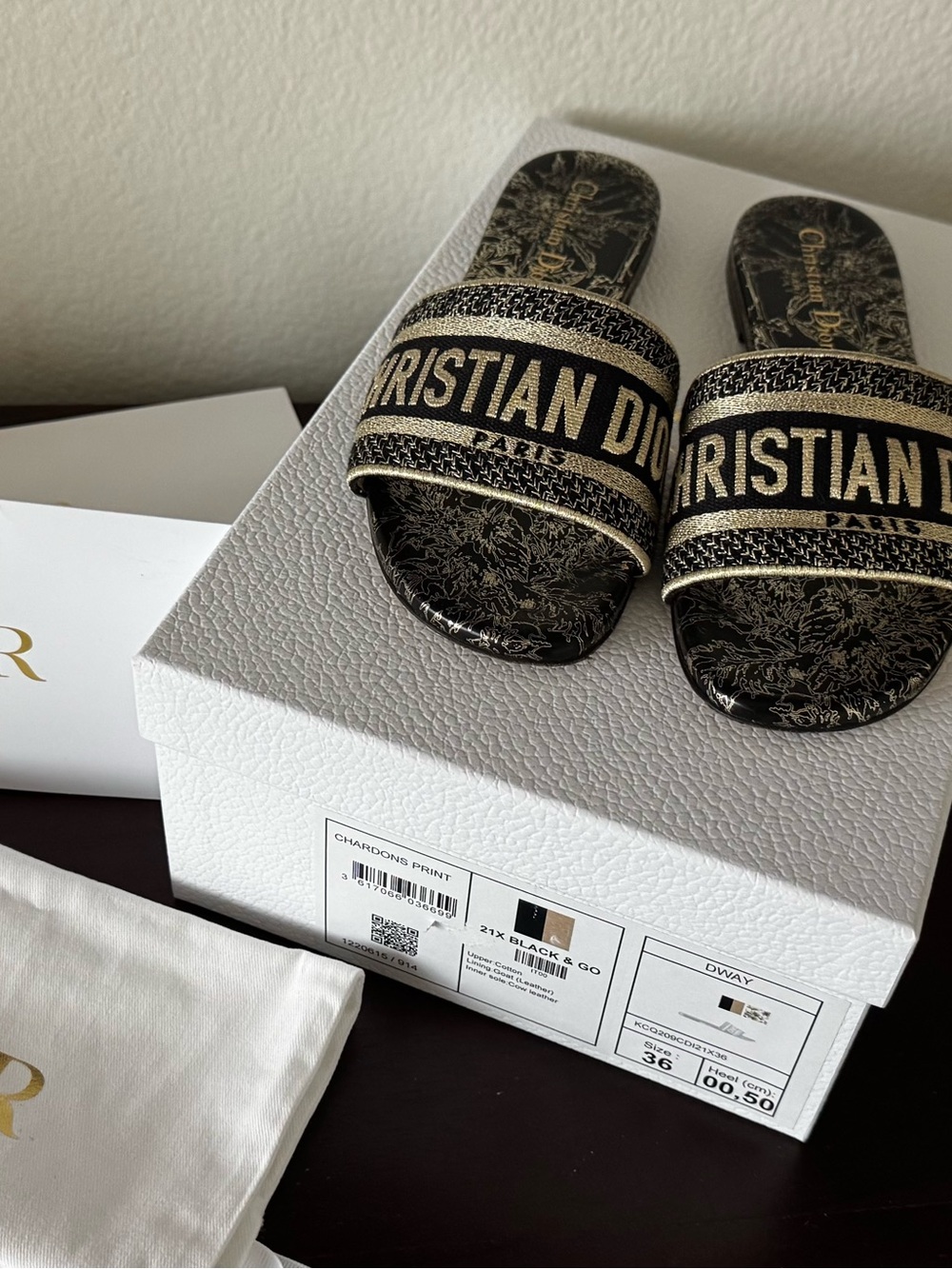 Dior Black and Gold Christian Dior Logo Slide Sandals